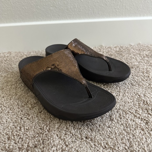 FitFlop Womens ELECTRA Sequin Flip Flop Sandals Sz 7 Brown Comfort Festival - Picture 1 of 6